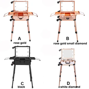 Aluminum 4 Wheels Professional Rolling Cosmetic Makeup Suitcase Train Case With Lighted Mirror LED Light