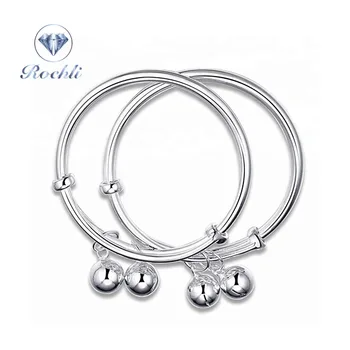 925 Sterling silver Smooth Bell Adjustable Bangle bracelet and Anklets for Baby Kids