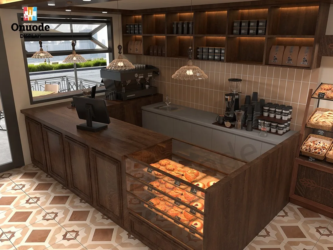 Commercial Furniture Wooden Design Coffee Bar and Wine Rack Kiosk Shelves for Cafe Interior & Showcases