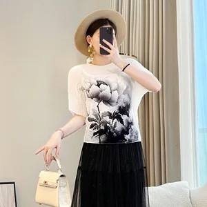 Miyake Women's Summer Top with Elegant Crewneck & Pleated Bat Sleeve Age-Reducing Loose Fit New Floral Print Knitted T-Shirt