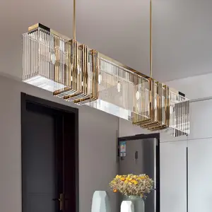 Metal Frame Pendant Light Fixtures Dining Room Rectangular Luxury Modern K9 Led Crystal Chandeliers