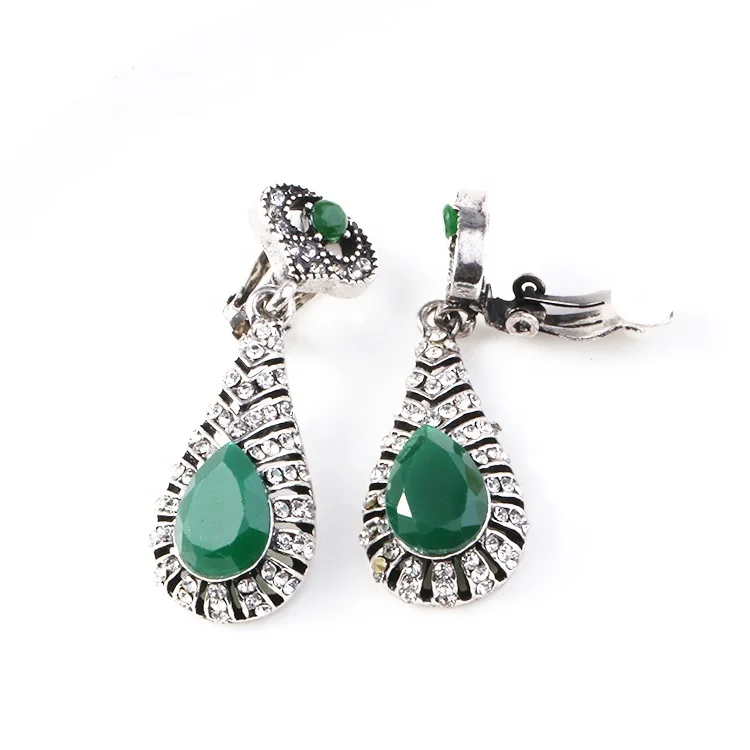 Bridal Vintage Teardrop Clip on Earrings Non Pierced Long Dangle for Girls Women Green Crystal 
