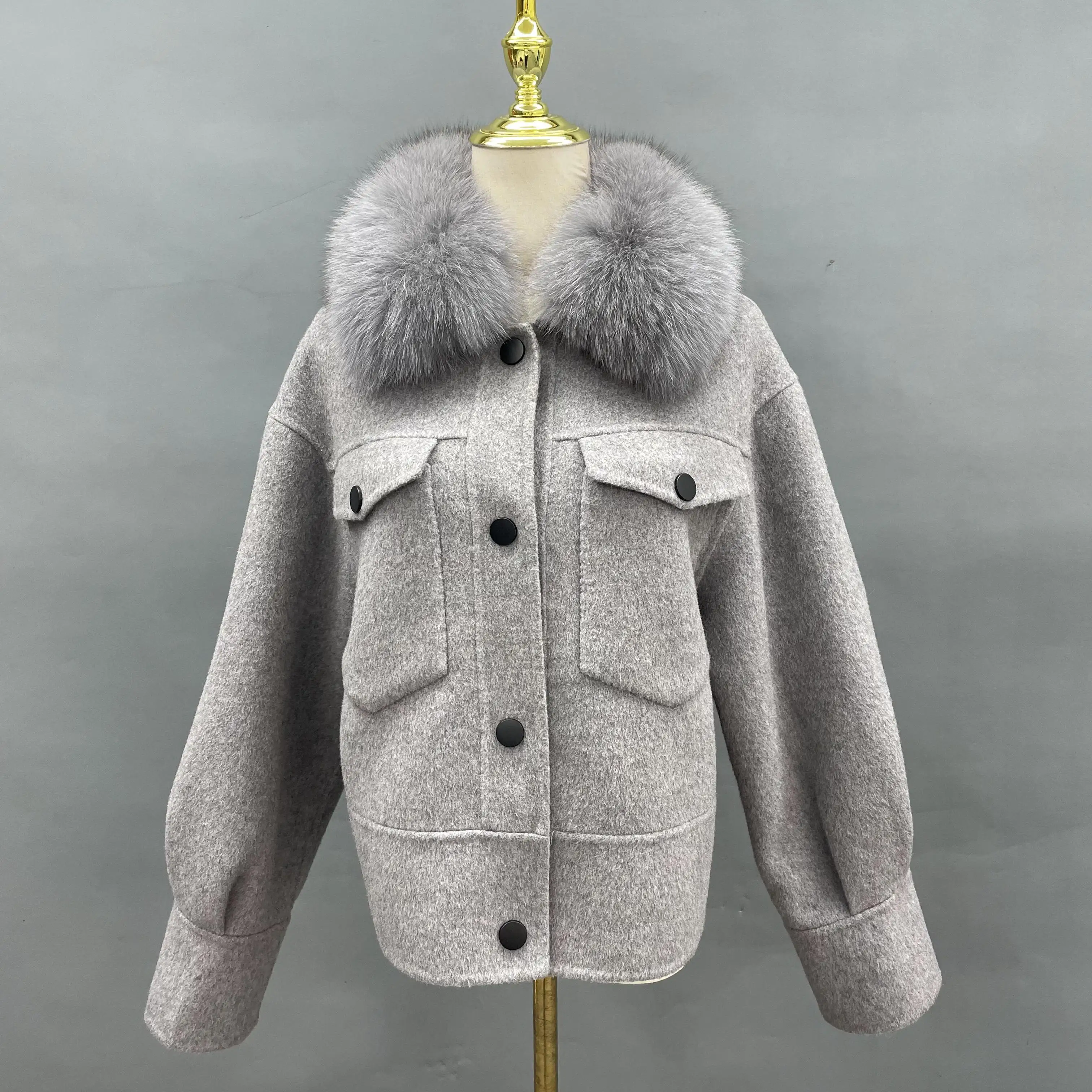 Celebrity Winter Women Fashion Wool Coat Fox Fur Jacket Cashmere Wool Fur  Coat