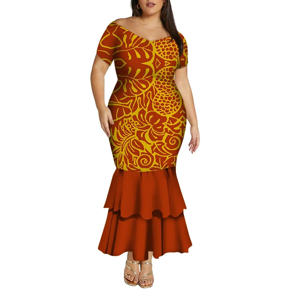 Pacific Island Art Design One Shoulder Mermaid Fishtail Dress Custom Logo Summer Ladies Deep V Neck Evening Dress Samoan Dress