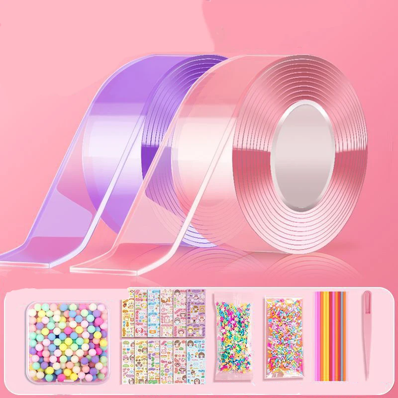 TZEKING 65 stuks nano-tape, bubble kit, 6 banden (1 m x 5 cm) 59 pakketten van deluxe-materiaal, doe-het-zelf nano-tape, bubble craft voor kinderen, met glitter, pailletten, stickers, schaar enz