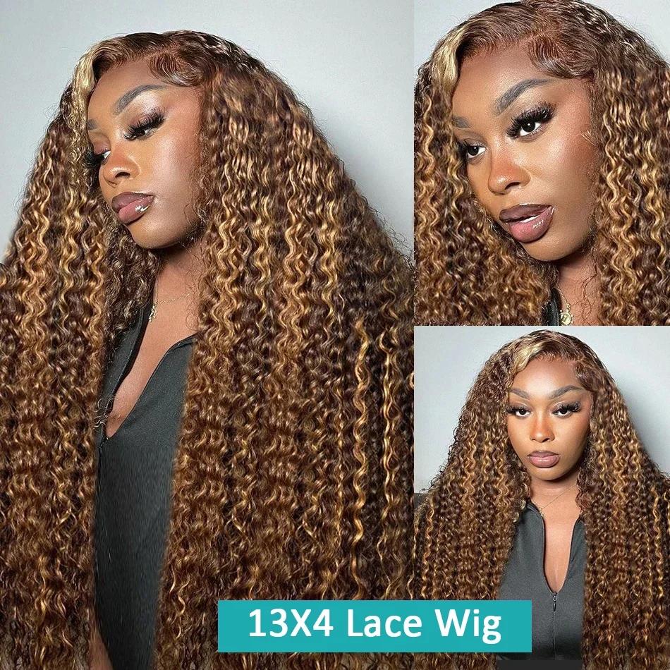 250 Densitet 13x6 HD Lace Highlights Peruk Äkta Hår Limfri Lockigt Honungsblond Vattenvågigt Djupt Frontalt_voghion.com