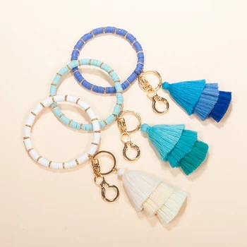Wholesale Design Hot Pretty Acrylic Rubber Key Chain Wristlets with Tassel Key Rings for Women Girls Gold Fashionable 5 Color
