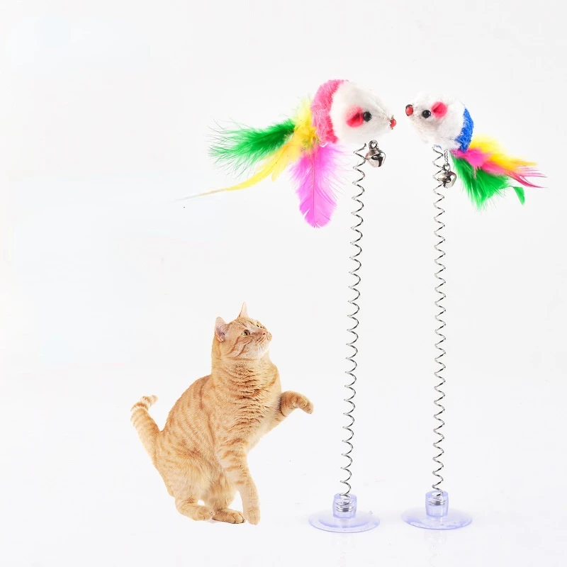 1pc Random Color Cat Toy Suction Cup Spring Mouse Teaser With Feather Bell  Design Suction Cup Cat Toy