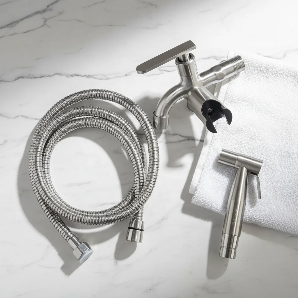 Brushed SS304 Toilet Bidet Faucet Double Outlet Angle Valve with Handheld Spray Gun and Hose Set Bathroom Sanitary Ware