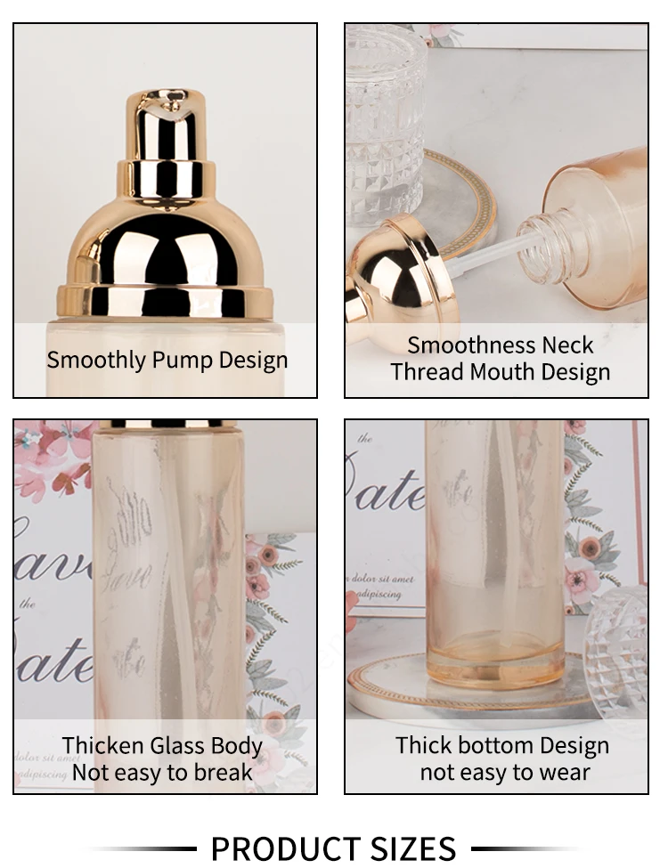 Luxury cosmetic containers and packaging lotion pump glass bottles for cosmetics details