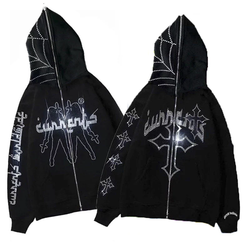 Salati Manufacturer High Quality Custom 500 GSM Thick Glitter Diamond Rhinestone Printed Oversized Full Zip up Hoodie for Men gallery 3