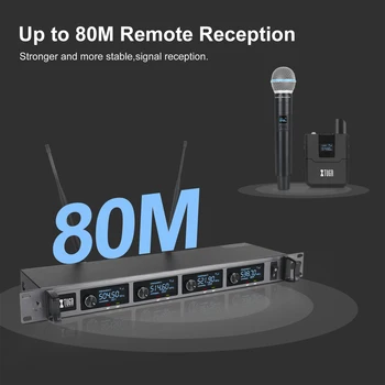 UHF draadloos microfoonsysteem, 4-kanaals draadloze microfoonset met 4 metalen handmicrofoons, vaste frequentie, lange afstand 400 ft, ideaal voor thuis karaoke/vergadering/feest/kerk/bruiloft/outdoor evenementen