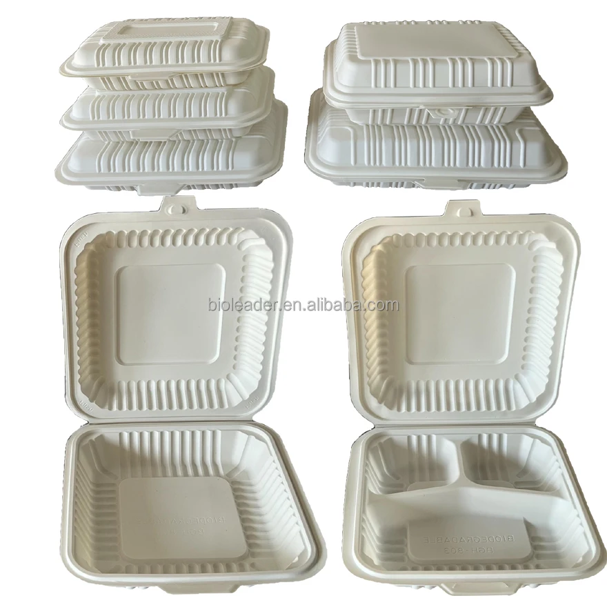 Disposable Compostable Take Out Plastic Corn Starch Clamsell Food Box Packaging Cornstarch Food Container 8x8 9x9