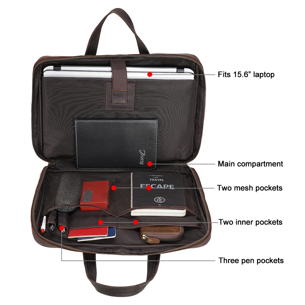 TIDING Custom Vintage Men Brown Slim Crossbody Genuine Leather Laptop Briefcase Bag