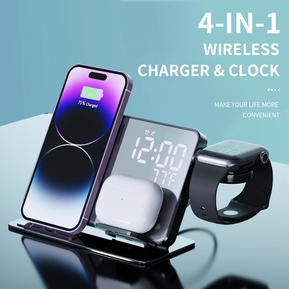 Multifunction 3 In 1 Wireless Charger Station Clock Led Qi 15w Fast