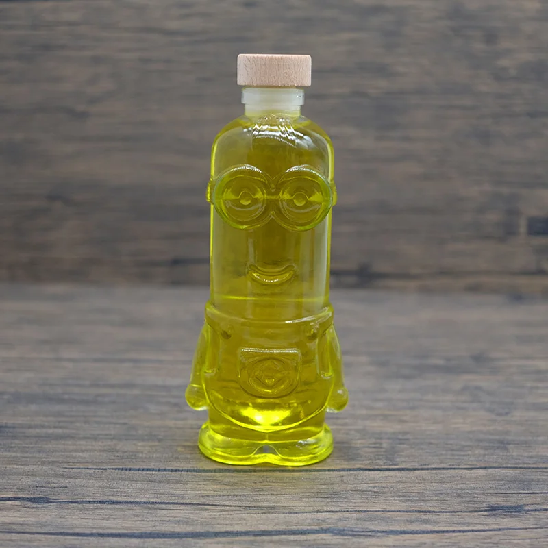 330ml Minions Shape Glass Bottle with Leak Proof Polymeric Stopper for Beverage Storage & Container