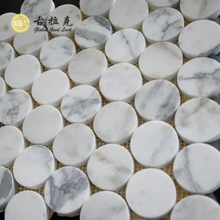 Calacatta White Round Shape Marble Mosaic Tile For Bathroom and Kitchen Floor Wall details