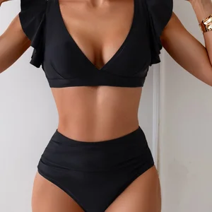 Custom High Quality New Designer Ruffle Swimwear Women High Waist Cute Swimsuit Swim Bathing Suit Black Bikini Set for Women