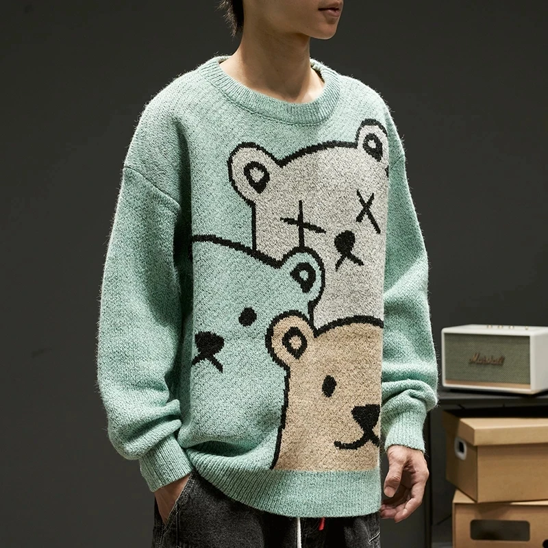 Luxury Large Cartoon Bear Pattern Mens Knitted Sweater Streetwear O-Neck  Slim Long Sleeved Pullover Sweaters