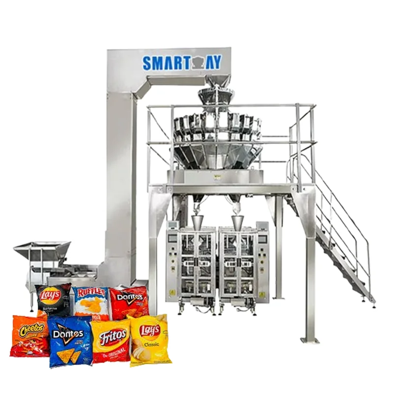 High Speed Twins VFFS Packing Machine Automatic Weighing Filling Puffed Food Chips Double Bagger Packaging Machine