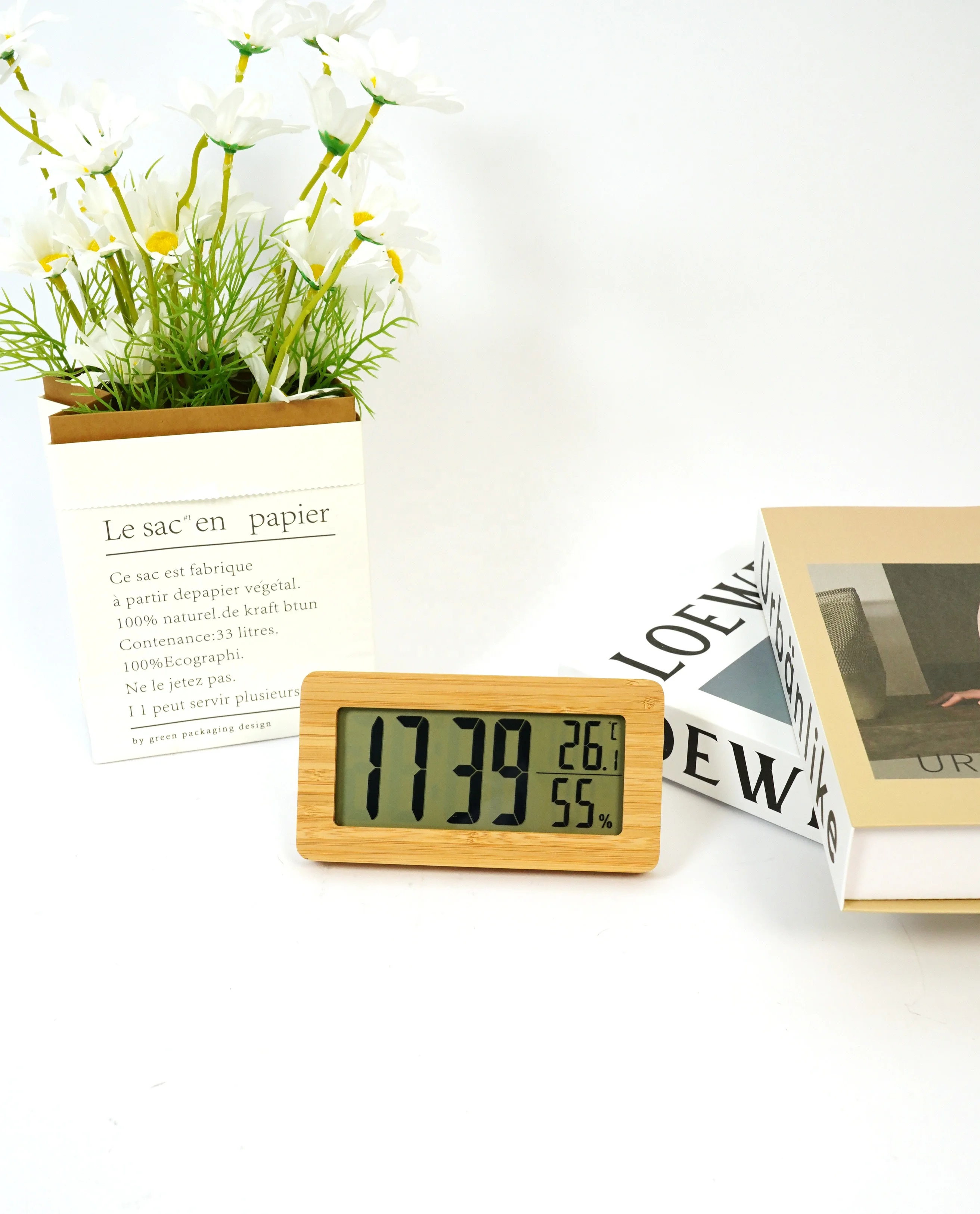 Large Display Digital Wooden LED Battery-Operated Night Table Wall Clock with Temperature Display and Humidity