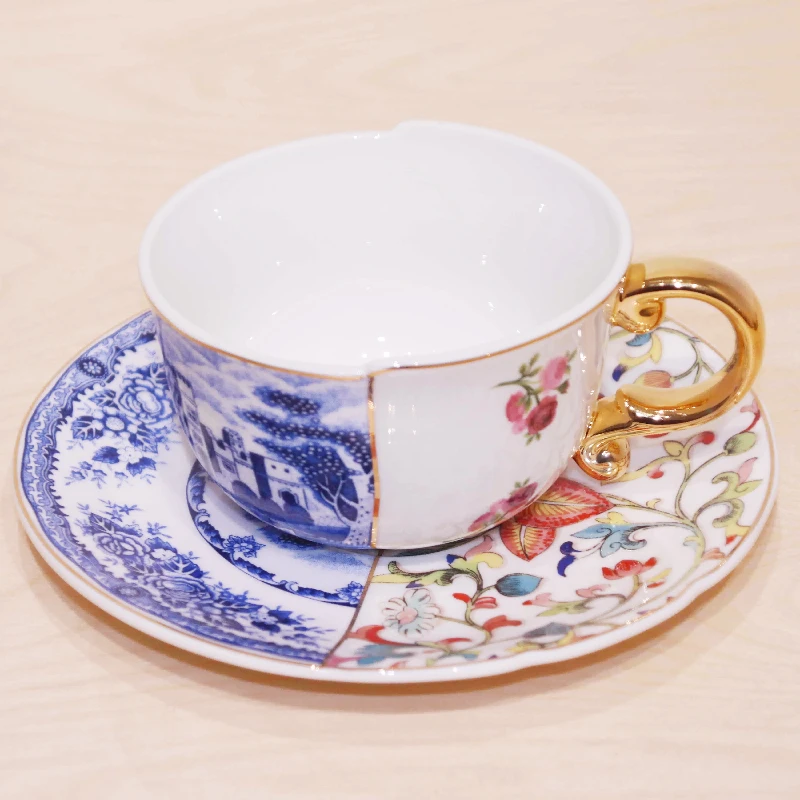 Customized Luxury Golden Handle Crane Ceramic Latte Cup Set European Coffee Cup with Saucer Handmade Arabic Tea Cups