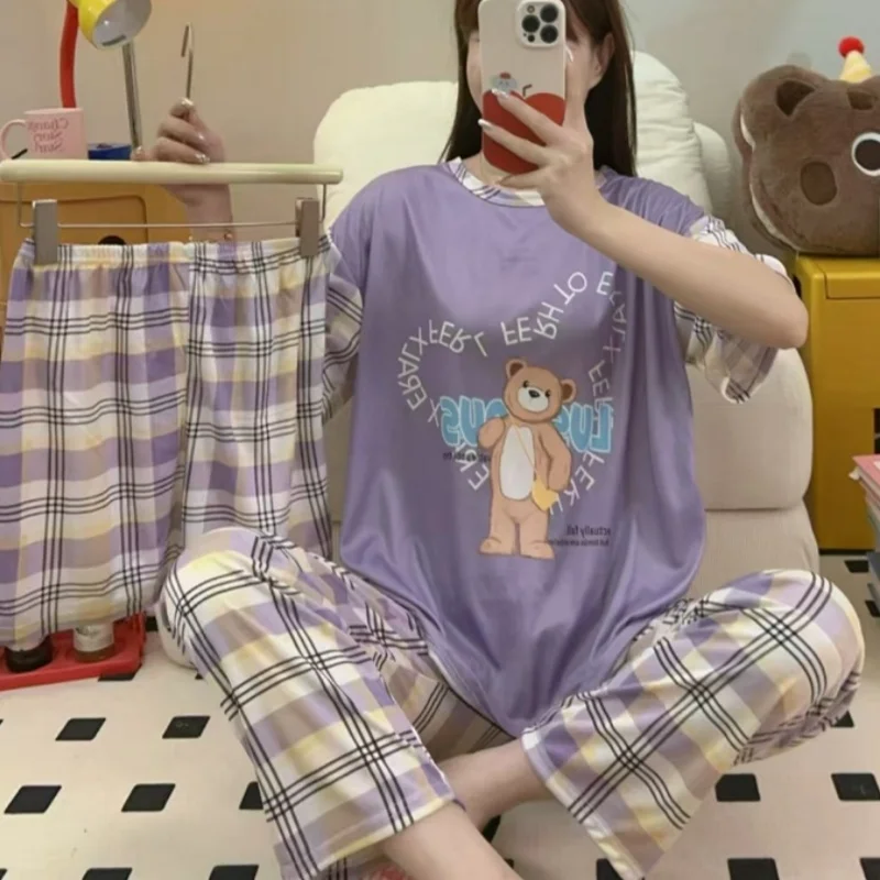 Women's 3 In1 Pajamas Cheap Short Sleeve Pant Shorts 3 Pieces Set Sleepwear Korean Soft Home Nightwear Cartoons Baju Tidur