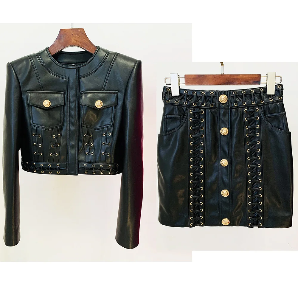 New Ready to Ship or Custom High Quality Fashion Two Pieces Black PU Leather Skirt and Jacket Suits Set Women