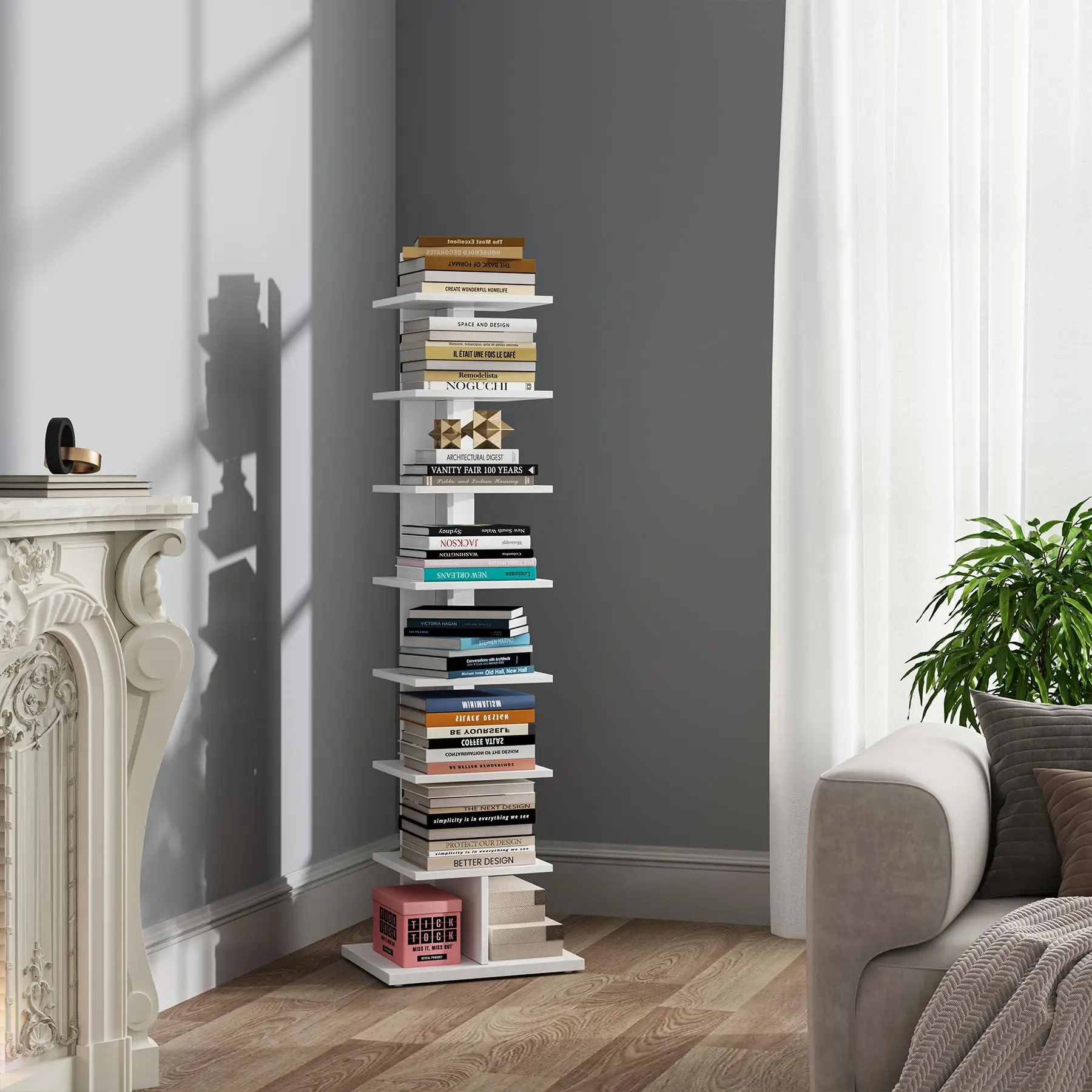 8-Layer Wooden Vertical Bookshelf for Living Rooms & Offices Narrow Spine Bookcase & Study Organizer for Space-Constrained Areas
