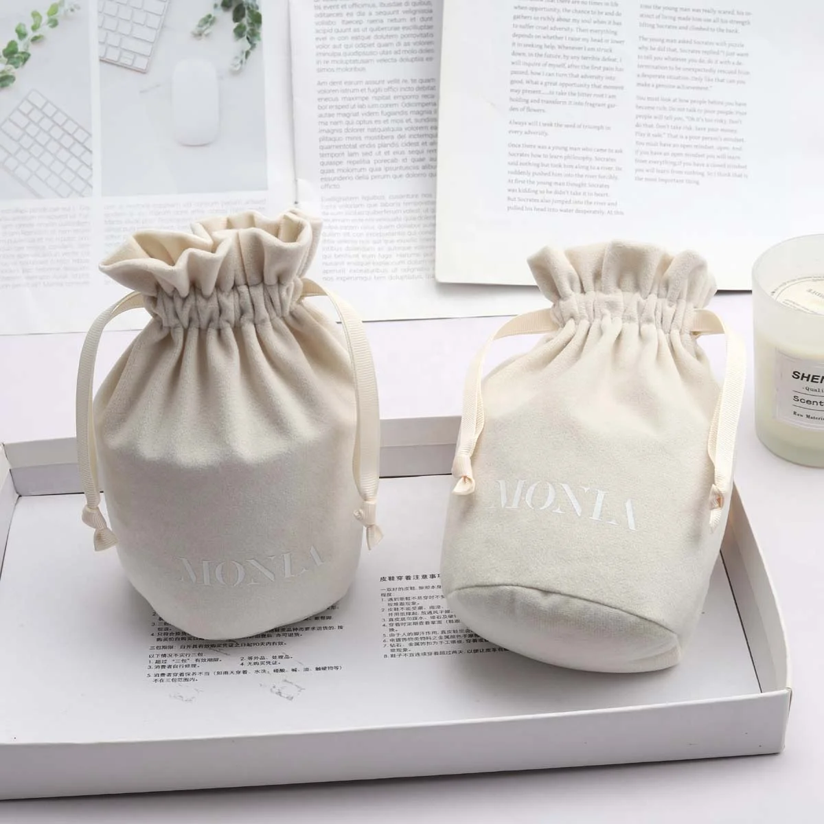 High Quality Round Bottom Candle up Cosmetic Packing Velvet Pouch Custom Logo Printed Velvet Drawstring Bag for Candle