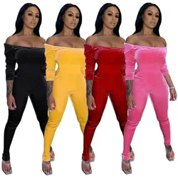 S to 2XL women new velvet off-shoulder sexy casual jumpsuit