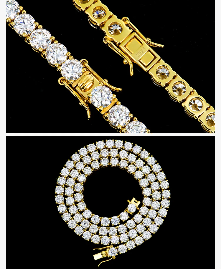 wholesale jewelry men women 5mm gold plated 925 sterling silver diamond mossanite moissanite iced out tennis necklace chain