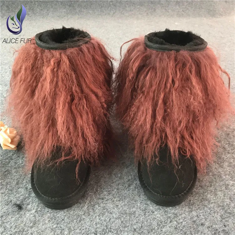 Модные женские розовые белые полусапожки для снежной погоды из овечьей шерсти короткие зимние меховые сапоги натурального монгольского меха