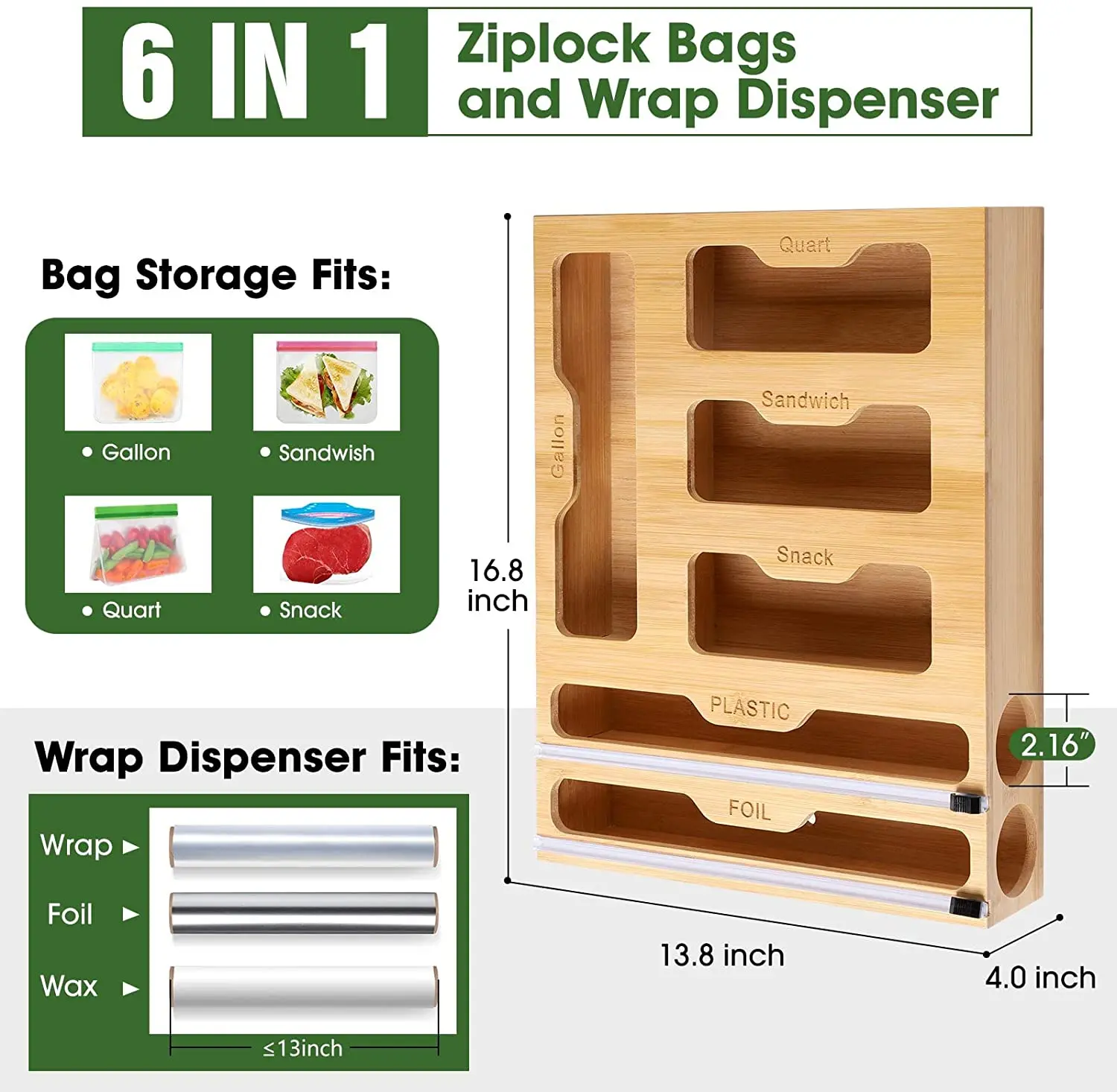 6 In 1 Bamboo Ziplock Bag Storage Organizer And Foil Organizer Buy Ziplock Bag Storage And