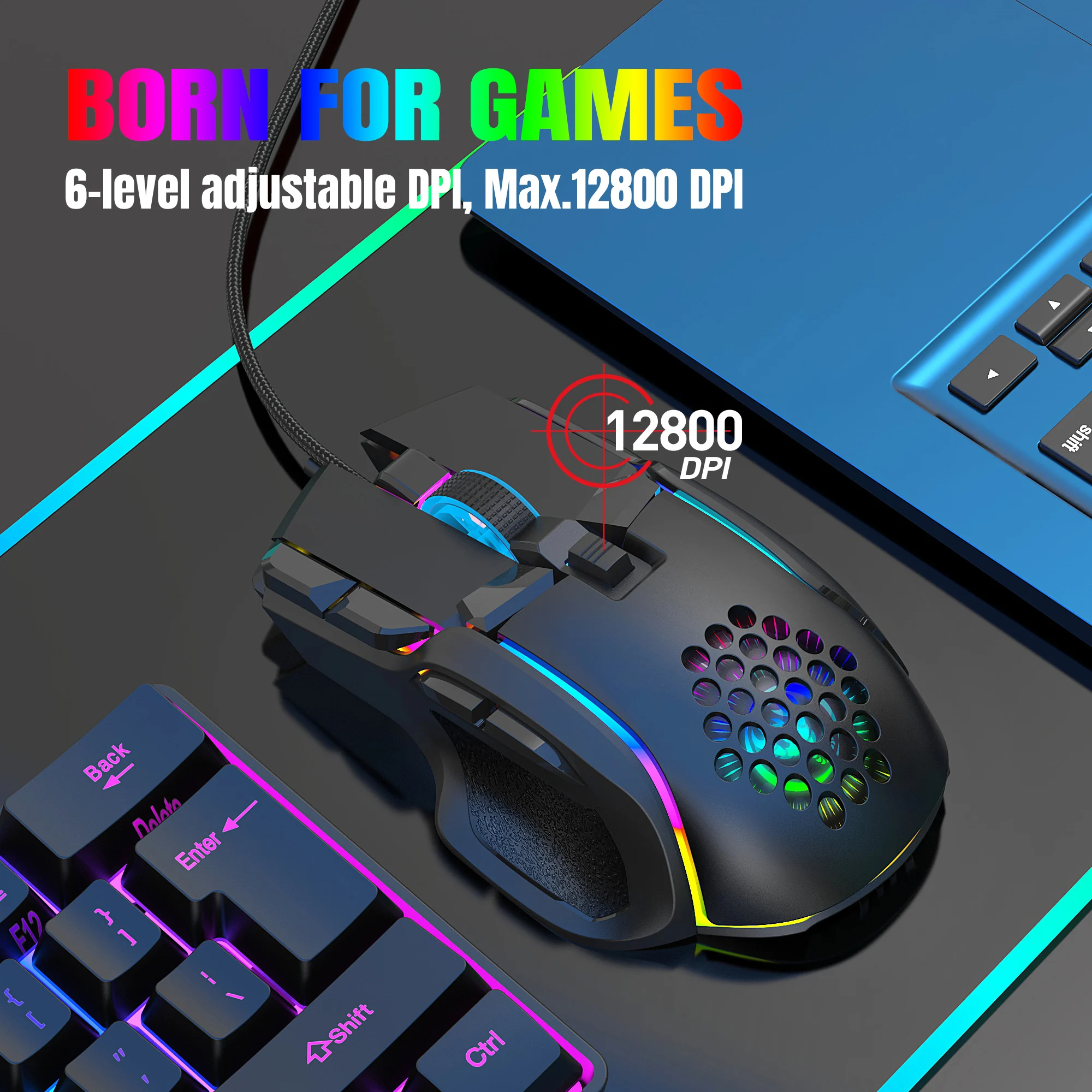 HXSJ S700 Gaming Mouse - 12800dpi, 13 RGB Modes, Macro Programming
