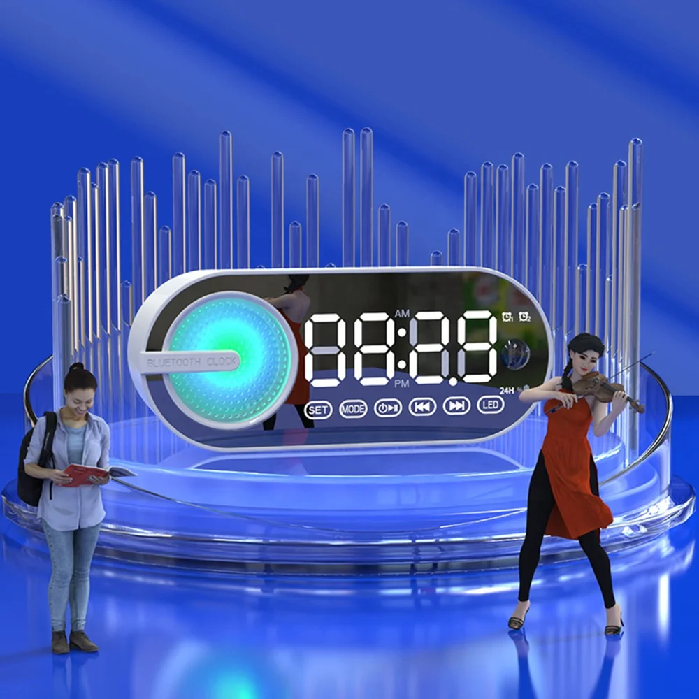 Mirror Desk Clock with BT Speaker Digital LED Colorful Light Desk Table FM Radio Alarm Clock Electronic Calendars 2023
