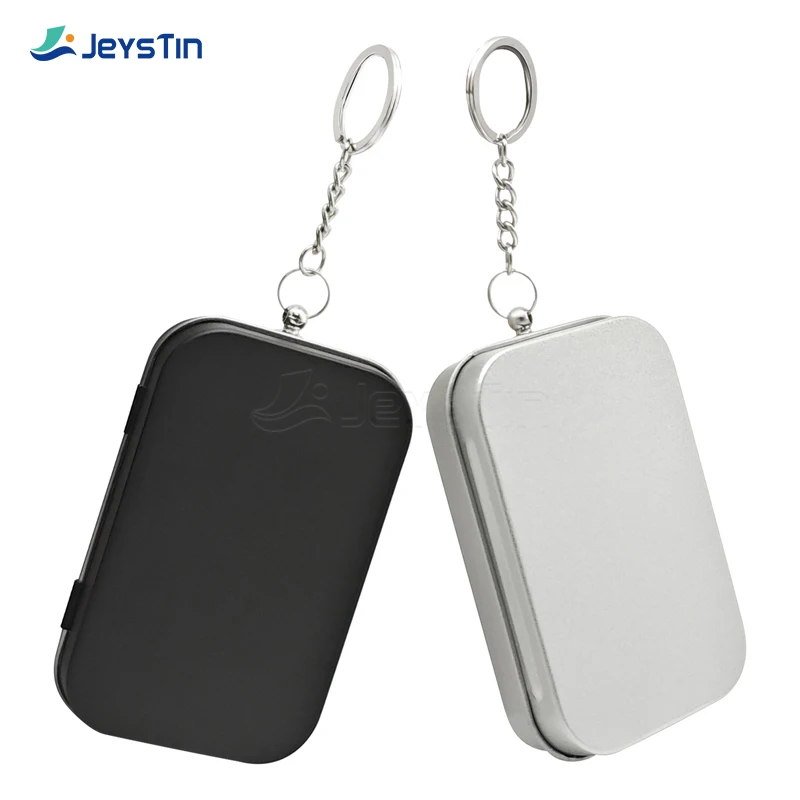Rectangular Hinged Metal Packing Tin Box Silver Black  Plain Tin Container Small Metal Tins Box with Key Chain