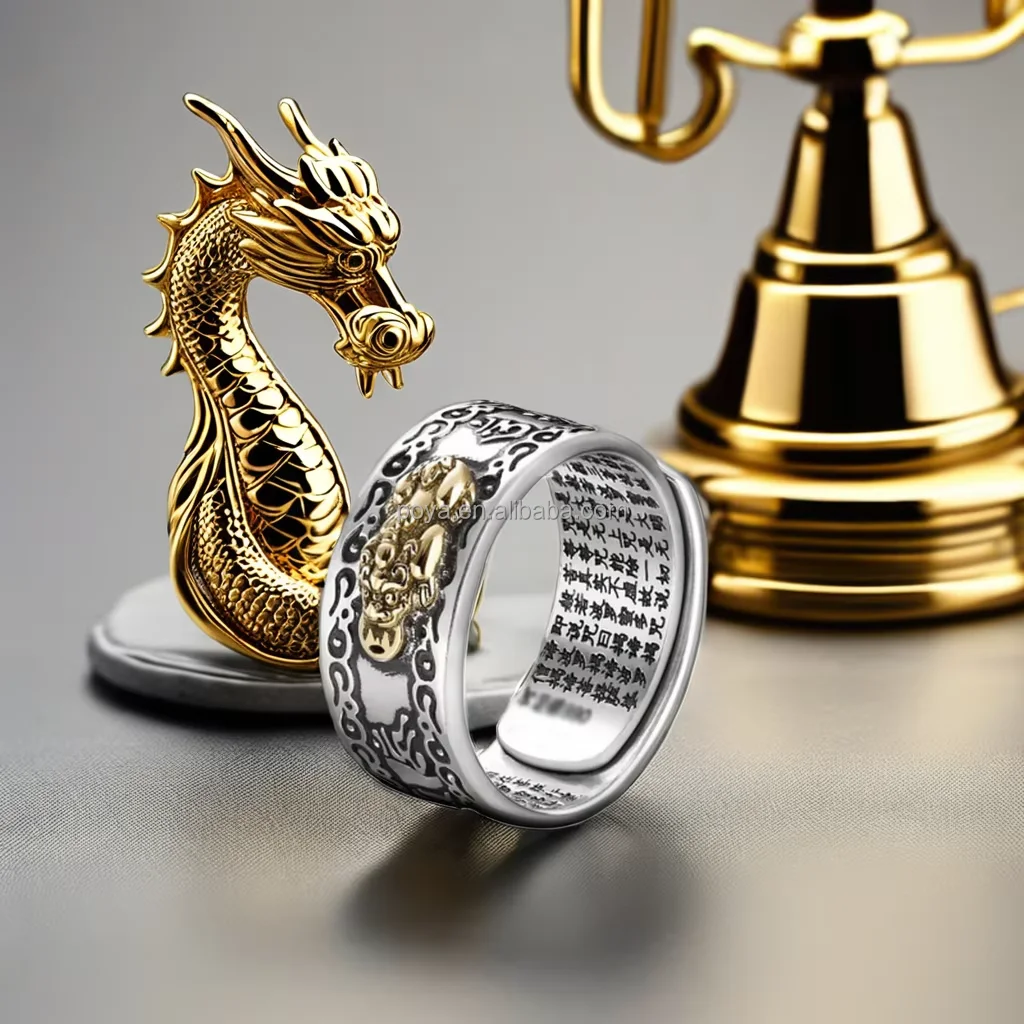 Feng Shui PiXiu Mantra Ring – 925 Sterling Silver Ganesh Ring With Heart Sutra, Vintage Style, Adjustable Sizes - View #2