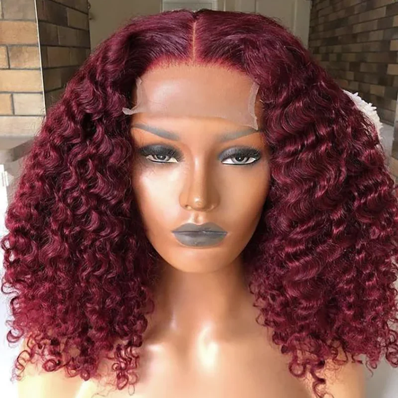 Peluca de cabello humano rizado color burdeos 99J con cierre de 4x4 y encaje frontal, peluca corta estilo bob_voghion.com