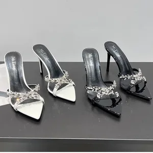 QuiteS 2026 Ladies Summer High Heels Rhinestone Decorated Sandals Water-Sensitive Pointed Toe Shoes Slip-On Closure New Style