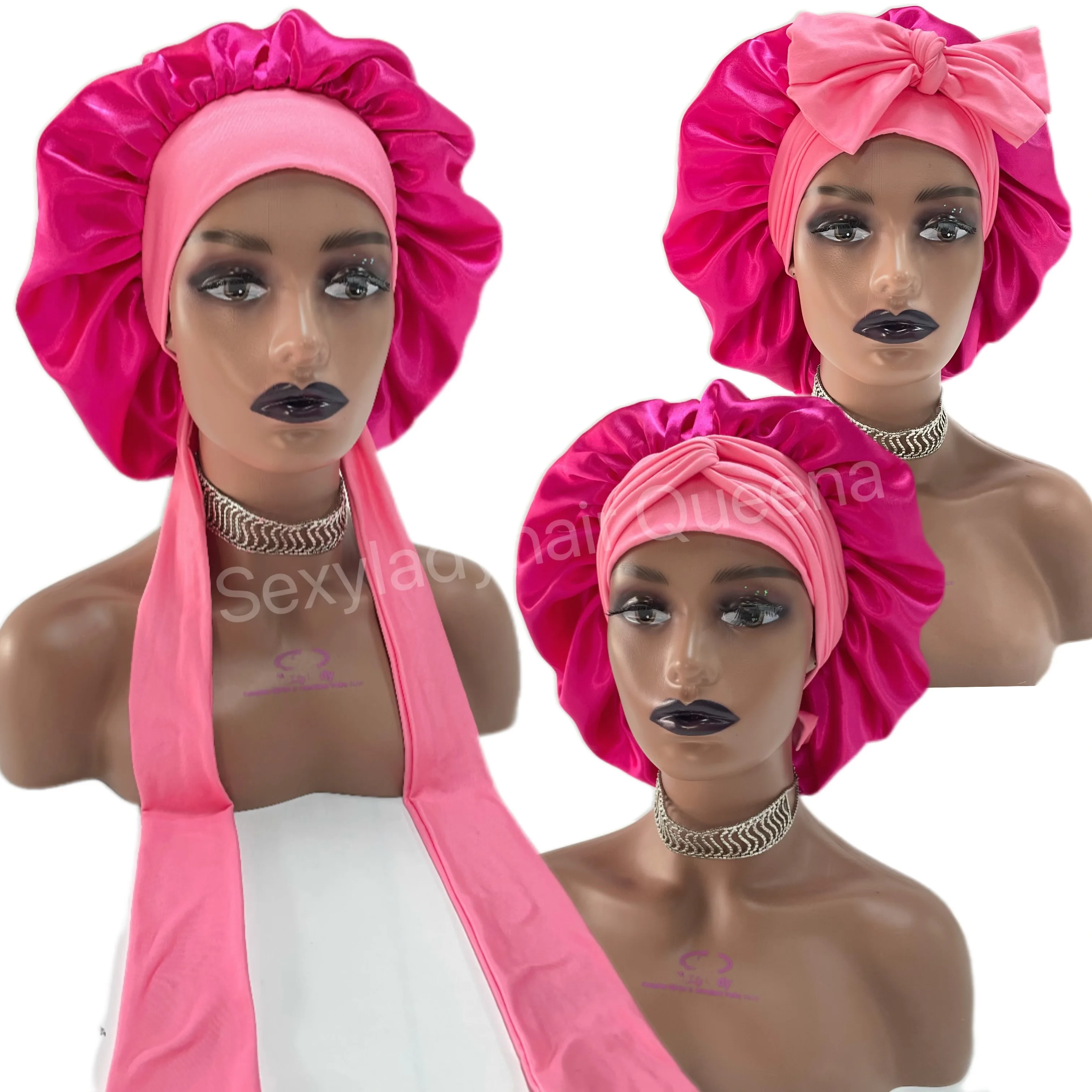 Custom Own Brand Designer Bonnet With  Stretch Tie Band Satin Head Wrap Long Braid Hair Bonnets