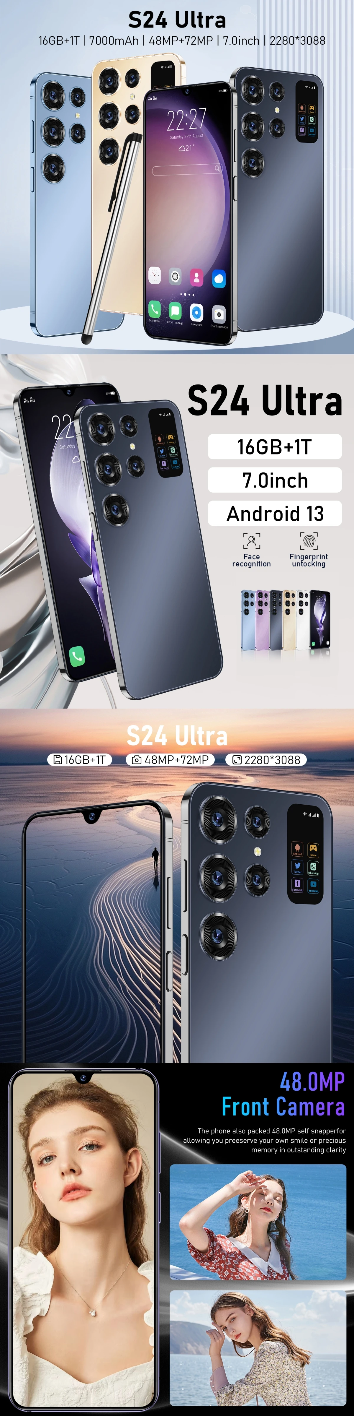 New S24 Ultra smart phone 6.8inch 16+1TB Unlock S-Pen 4G WIFI Inteligente gaming Global 5G S23 S24 mobile phones