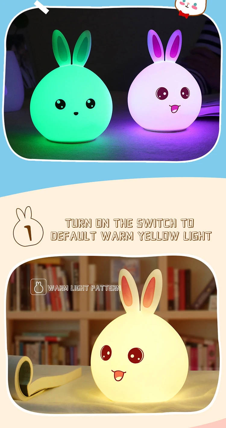 Multi Color Changing Rabbit cartoon led Lamp touch sensor Baby Night Light idea cute Soft Silicone Bunny Nursery Light details