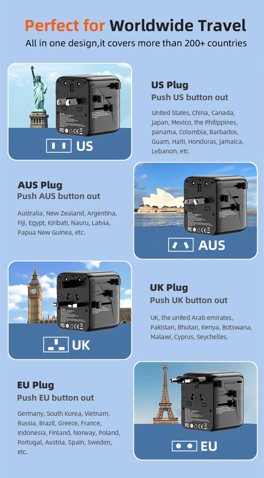 2AC 2500W PD 35W Cargador Fast Charger Multi Plug Socket Universal Travel Power Adapter with 2A3C Gan Travel Adaptor