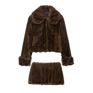 2026 Autumn New European and American Design Long Sleeve Faux Fur Jacket Coat + Mini Skirt Elegant Set Women's Sets
