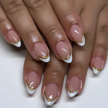 24 pcs Minimalist French White False Nails with 3D Gold Stripes Press On Nails Artificial fingernails Customize false nails 3444