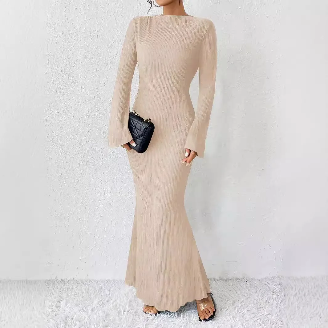 Slim Fit Round Neck Sleeved Dress High Waisted Tight Knit Flare Sleeve Maxi  Dress| Alibaba.com