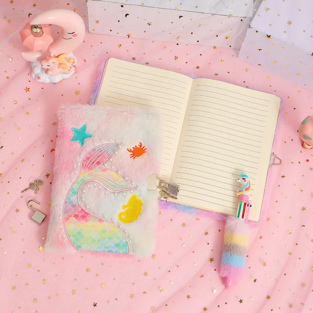 New Mermaid Tail Plush Notebook Cute Girl with Lock Diary Student Cartoon Learning Record