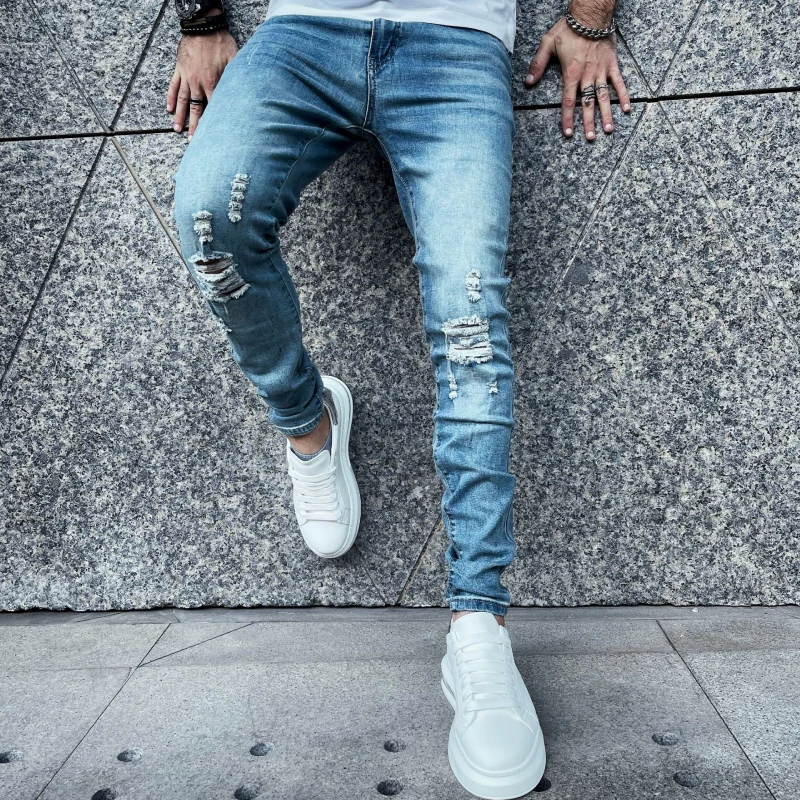 2023 Fashion Trouser Custom Men Denim Pant Hole Slim Stylish Mens Jeans