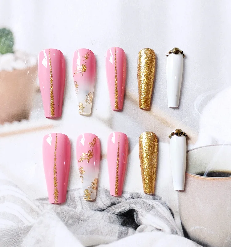 Pink & Gold Foil Coffin Nails